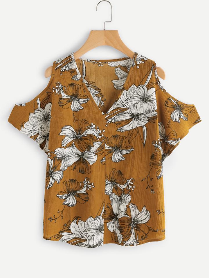 Shein V Neckline Open Shoulder Random Florals Blouse