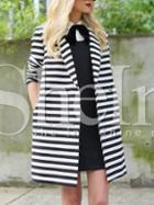 Shein White Black Long Sleeve Lapel Striped Coat