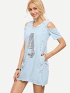 Shein Cutout Shoulder Frayed Light Blue Denim Dress