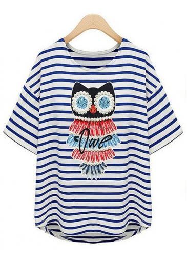 Rosewe Cute Owl Pattern Striped Short Sleeve T Shirt
