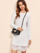 Shein White Ribbed Knit Floral Lace Trim Dress