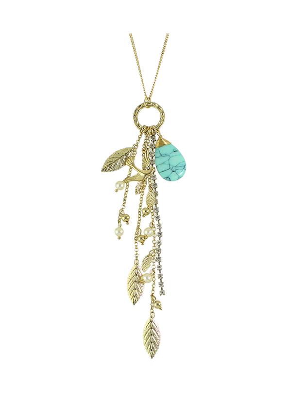 Shein Rhinestone Chain Leaf Shape Long Pendant Necklace