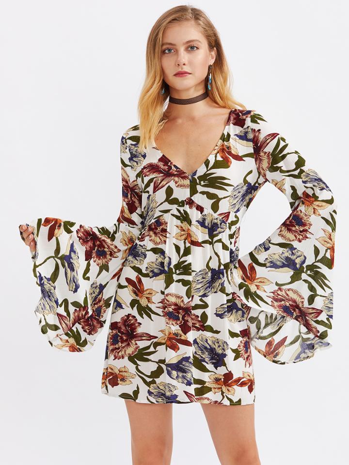 Shein Tasseled Tie V Back Bell Sleeve Botanical Dress