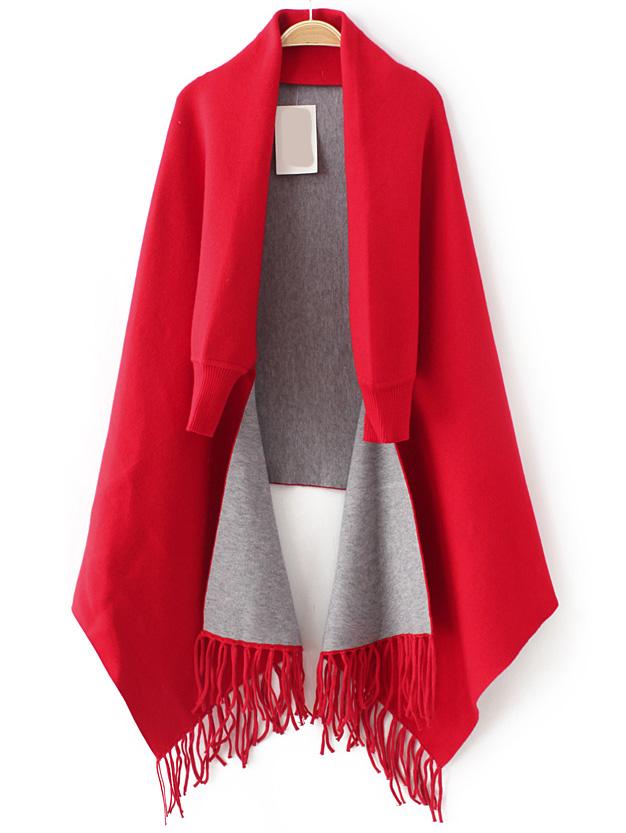 Shein Red Dolman Sleeve Fringe Hem Poncho Sweater