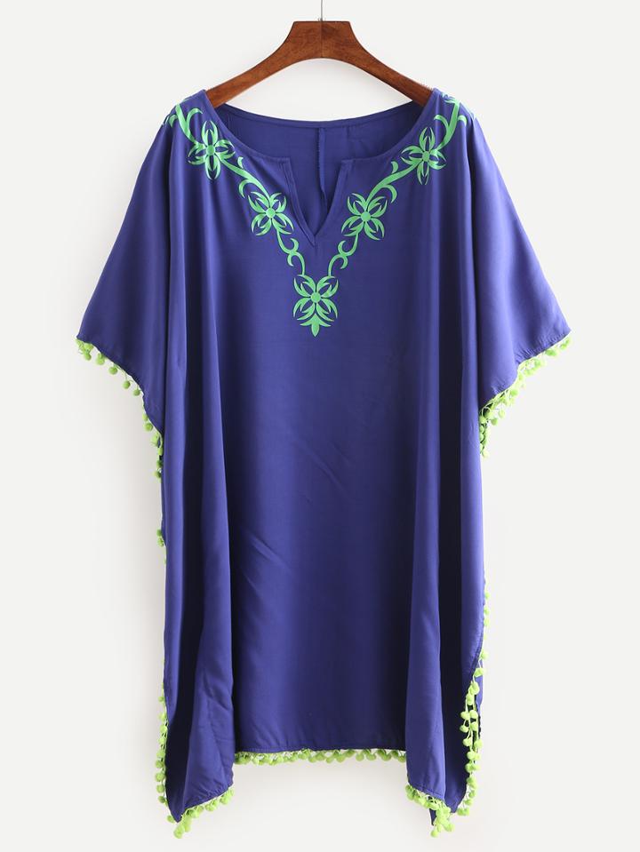 Shein Royal Blue Pom Pom Pattern Print Poncho Dress