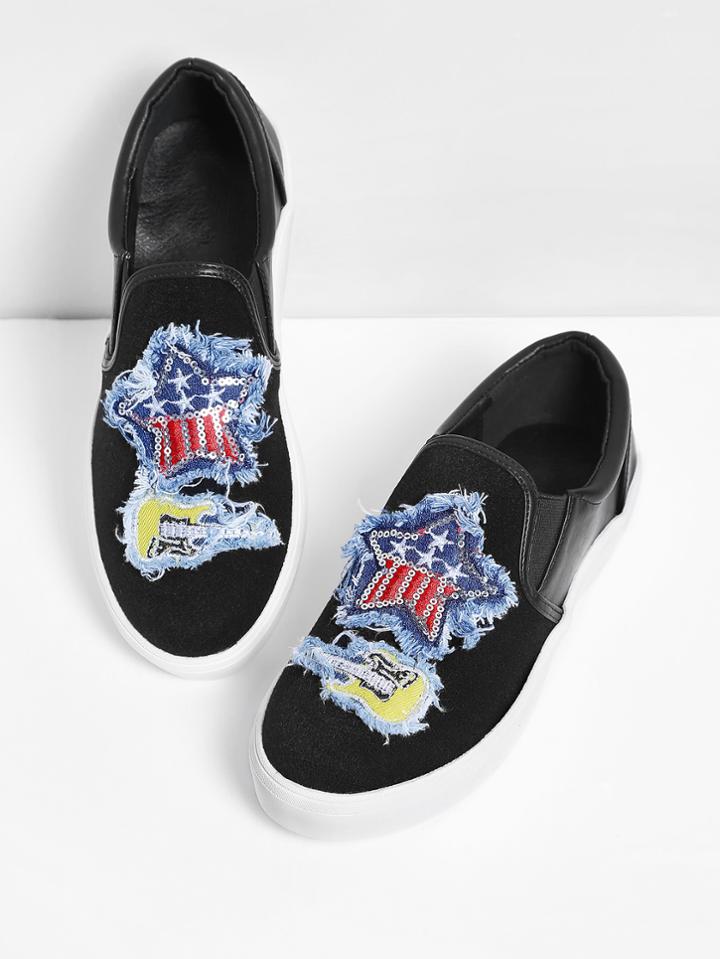 Shein Star & Guitar Patch Slip On Sneakers
