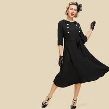 Shein Button Detail Self Tie Waist Flared Dress