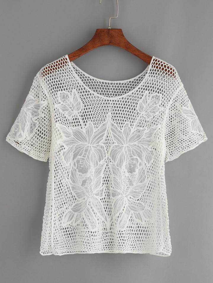 Shein White Hollow Out Crochet & Embroidered Mesh Top