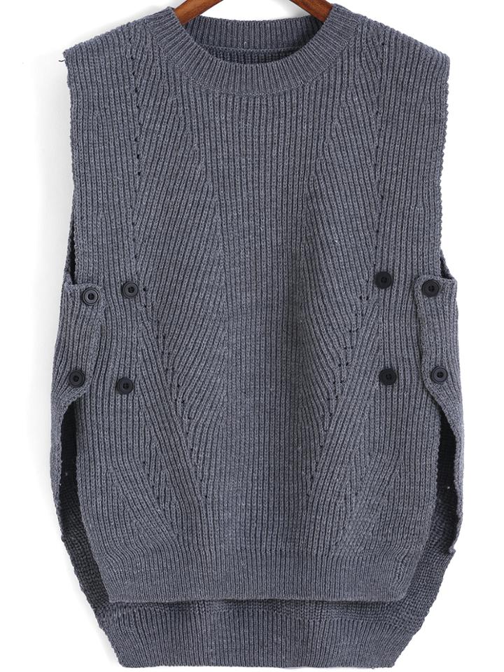 Shein Grey Round Neck Buttons Knit Sweater