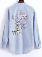 Shein Blue Striped Floral Embroidery High Low Blouse With Pocket
