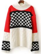 Shein Color Block Mock Neck Check Sweater