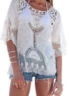 Rosewe Lace Crochet Round Neck White Blouse