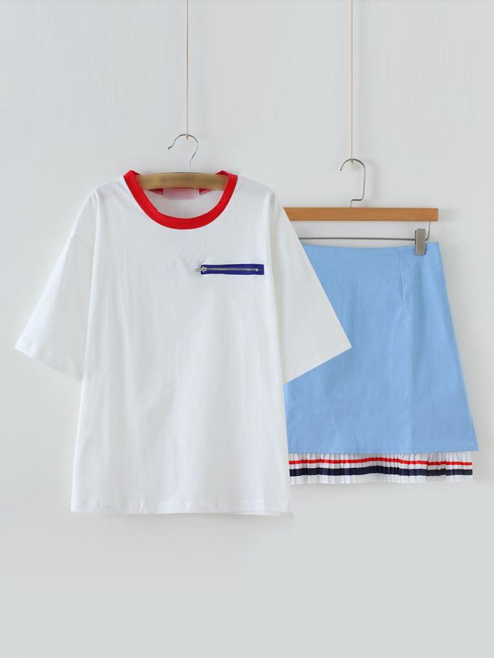Shein White Round Neck T-shirt With Broomstick Skirt