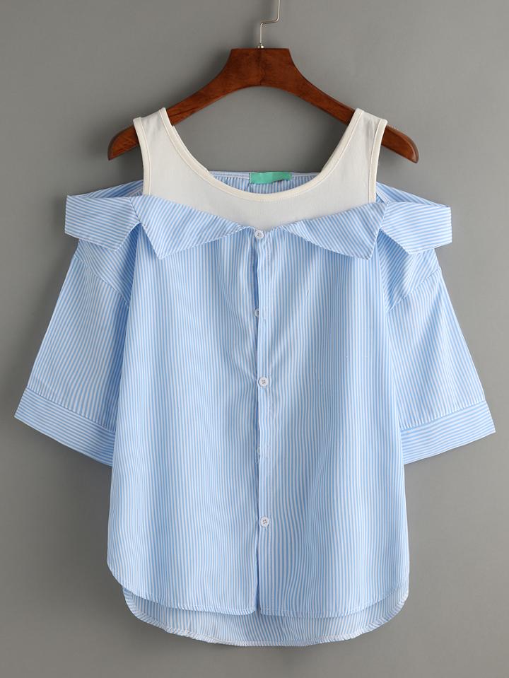 Shein Pale Blue Contrast Open Shoulder High Low Blouse