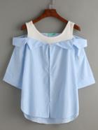 Shein Pale Blue Contrast Open Shoulder High Low Blouse