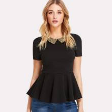 Shein Pearl Embellished Collar Zip Back Top