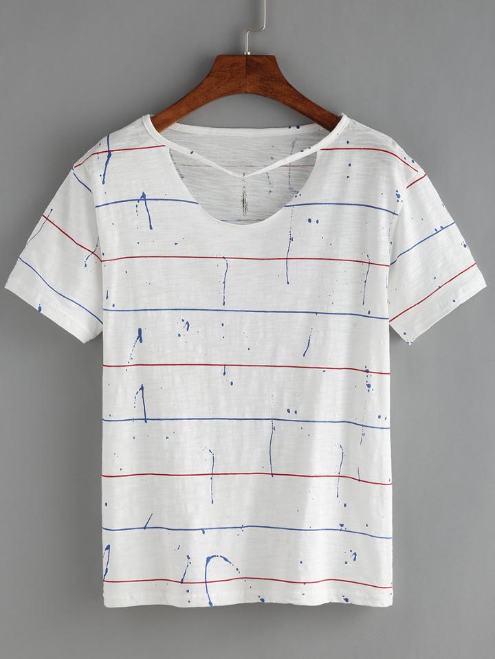 Shein Striped Cutout Neck T-shirt