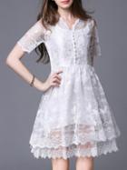 Shein White V Neck Gauze Embroidered Sheer Dress