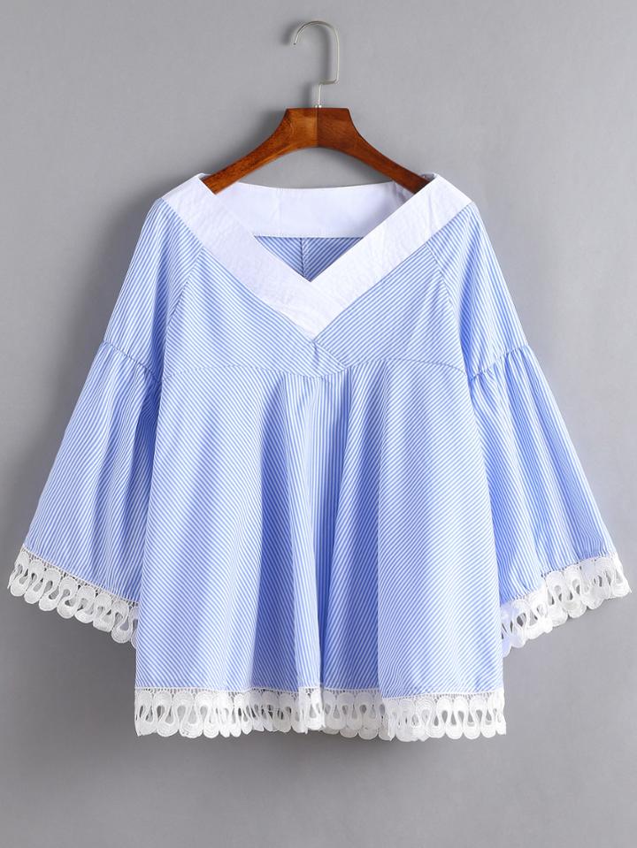 Shein Contrast V Neck Striped Crochet Trim Blouse