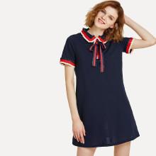 Shein Frill Detail Striped Trim Tied Neck Dress