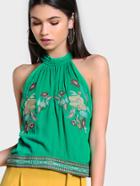 Shein High Neck Keyhole Cut Out Floral Embroidered Top Green