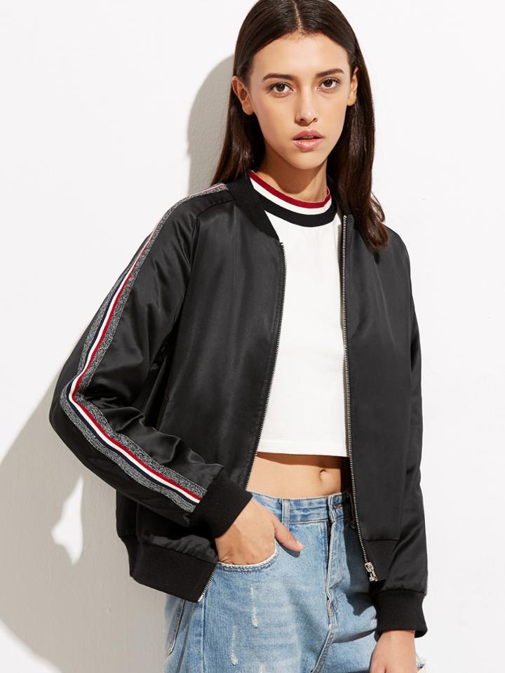 Shein Striped Sleeve Zip Up Bomber Jacket