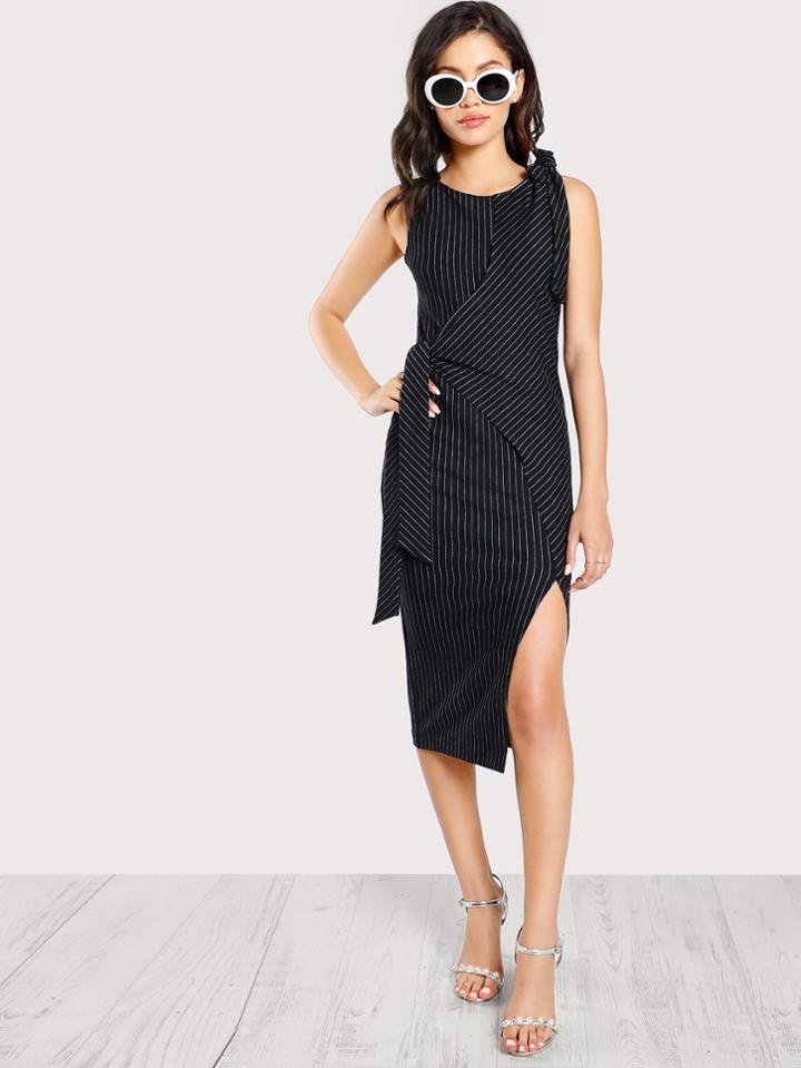 Shein Bow Detail Slit Side Striped Fitted Dress