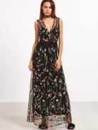 Shein Black Surplice Front Embroidered Mesh Overlay Maxi Dress