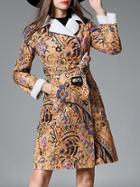 Shein Khaki Lapel Vintage Print Tie-waist Coat