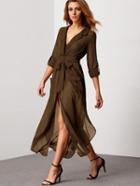 Shein Olive Green Notch Lapel Belted Shirt Dress With Pocket
