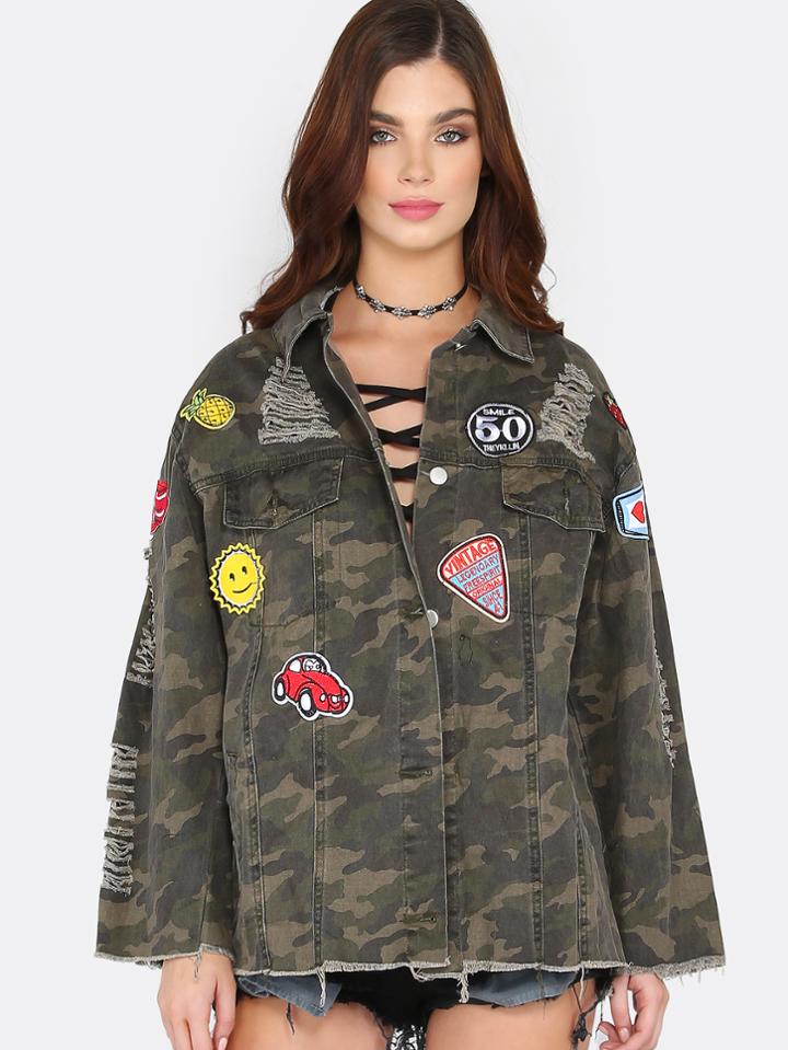 Shein Distressed Patch Camo Jacket Camo