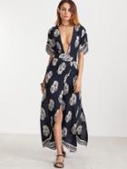 Shein Navy Vintage Print Plunge Neck Open Back Kimono Wrap Dress