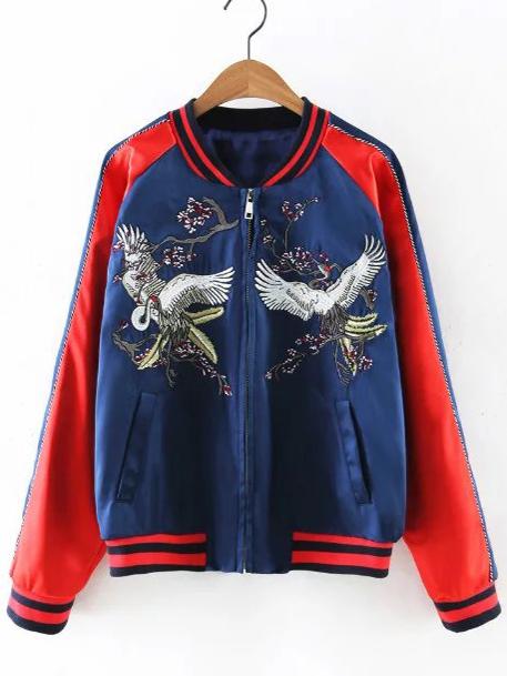Shein Red Pockets Zipper Front Embroidery Jacket