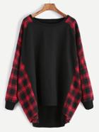 Shein Black And Red Plaid Trim Oversized Sweatshirt