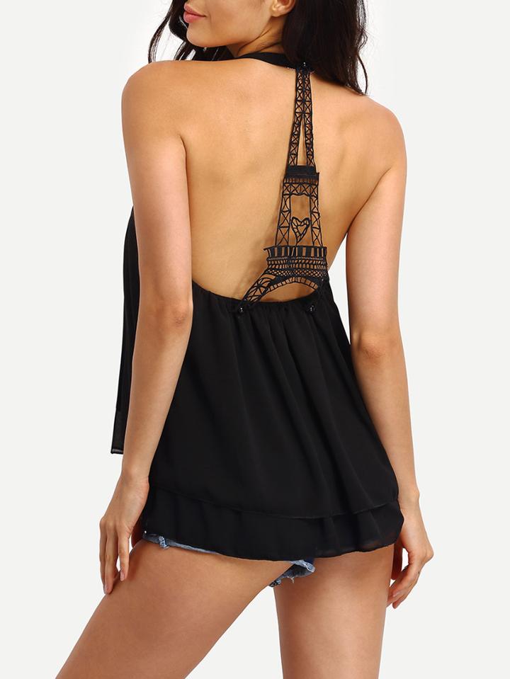 Shein Crochet Panel Layered Black Chiffon Racer Top