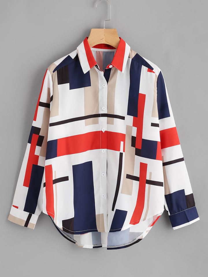 Shein Random Geo Print Curved Hem Shirt