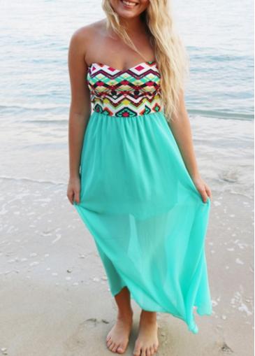 Rosewe Geometric Print Blue Chiffon Ankle Length Dress