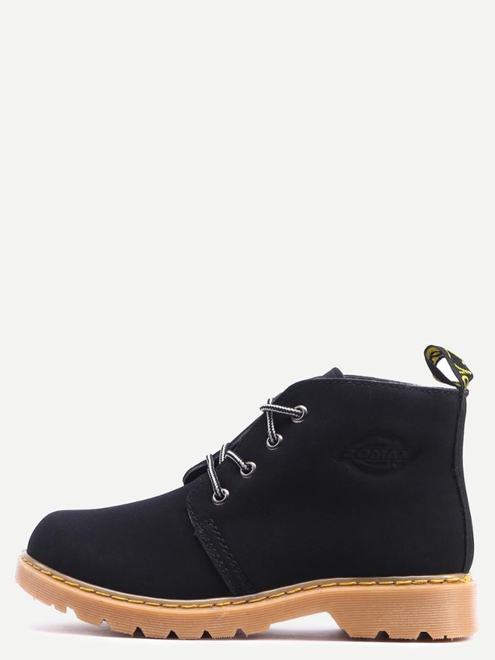Shein Black Round Toe Lace Up Pu Boots
