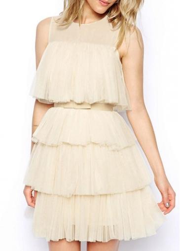 Rosewe Sweet Apricot Sleeveless Mesh Splicing Mini Dress With Flouncing