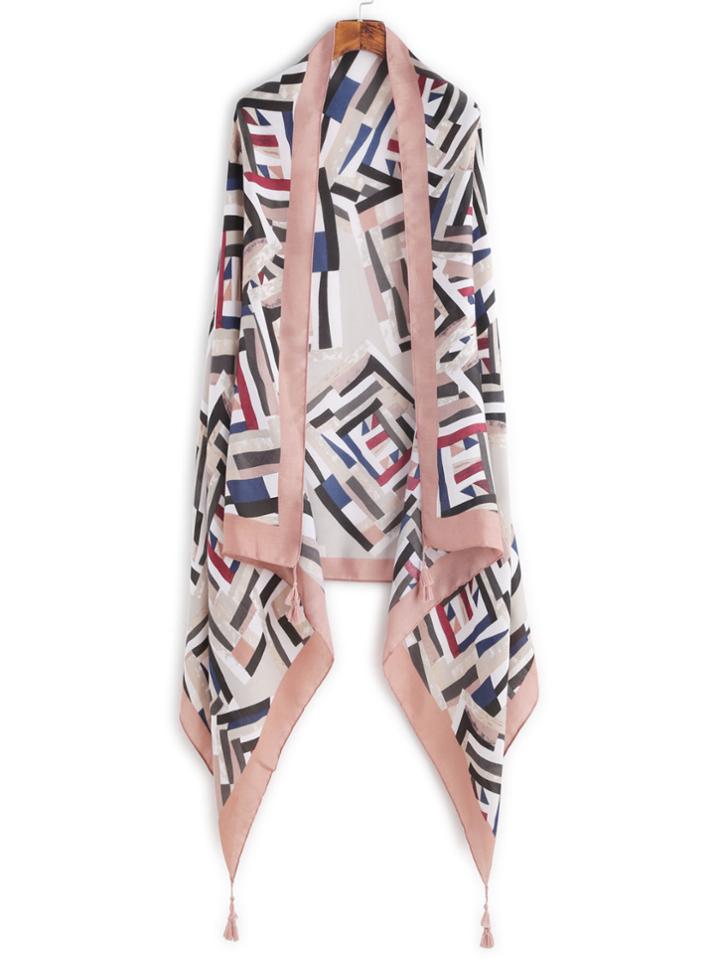 Shein Pink Edge Geometric Print Tassel Voile Scarf