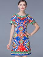 Shein Multicolor Round Neck Short Sleeve Vintage Print Dress