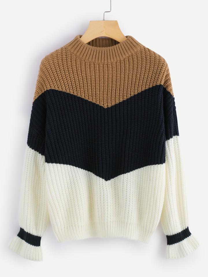 Shein Cut & Sew Panel Frill Cuff Chunky Knit Sweater