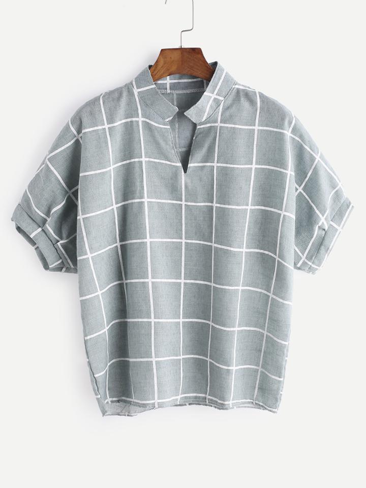 Shein Stand Collar Dip Hem Check Blouse