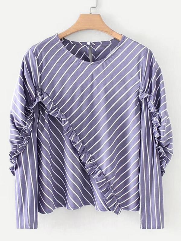 Shein Frill Detail Asymmetrical Striped Blouse