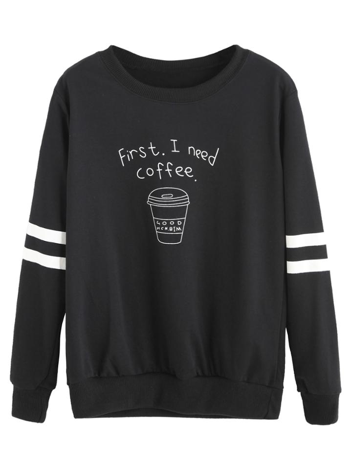 Shein Black Coffee Cup Letters Print Striped Sweatshirt