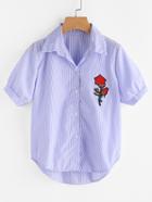 Shein Pinstripe Rose Embroidered Dip Hem Shirt