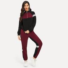 Shein Letter Tape Color-block Sweatshirt & Sweatpants Set