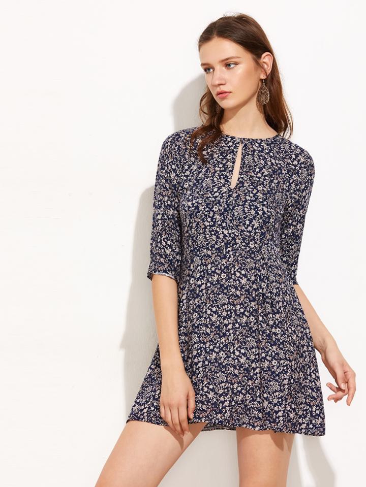 Shein Calico Print Keyhole Front Swing Dress