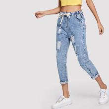Shein Drawstring Waist Distressed Jeans