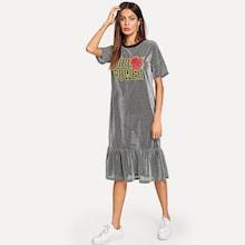 Shein Floral And Letter Print Semi Sheer Glitter Dress